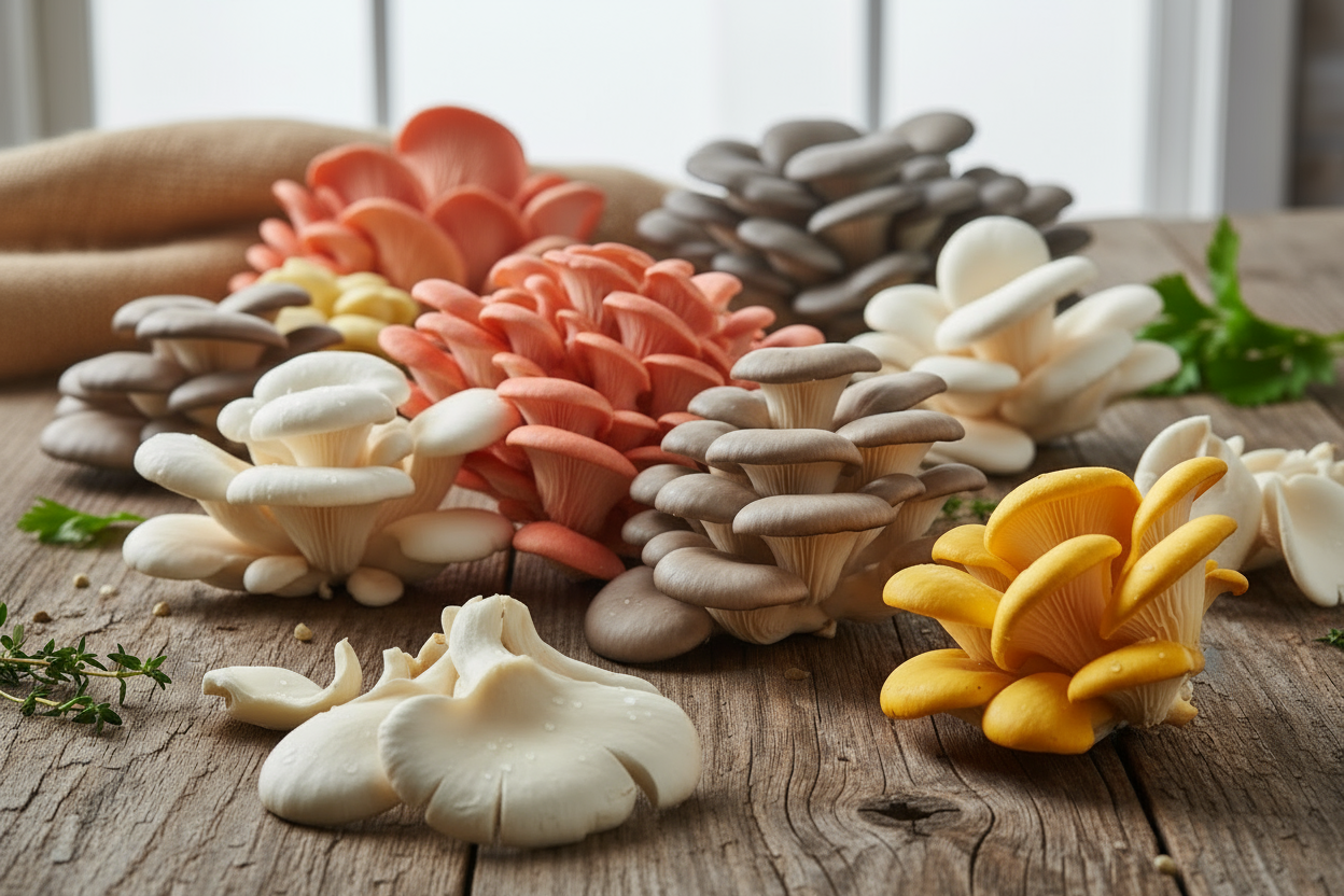 add pink and blue oyster mushrooms