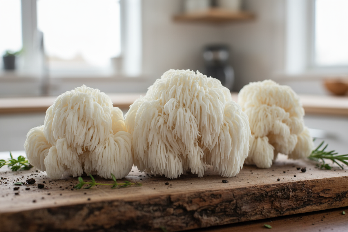 Cultivated fresh lions mane mushrooms