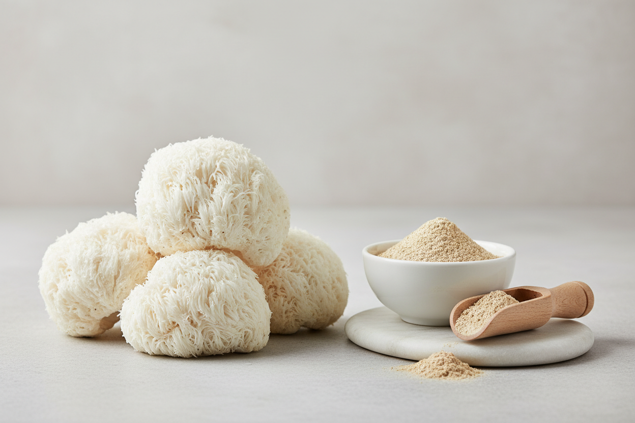 lions mane mushroom in fresh and powder forms