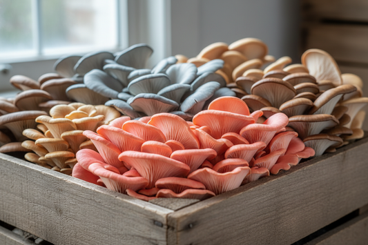 pink, blue and brown oyster mushrooms in a box
