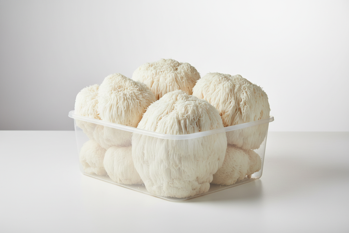 plastic container with several clumps of lions mane mushrooms 