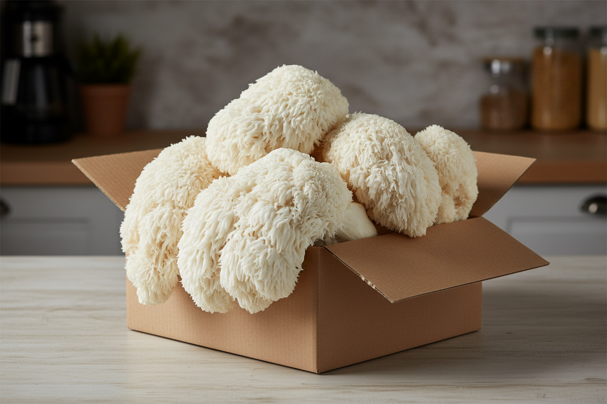 produce box of lions mane mushrooms 